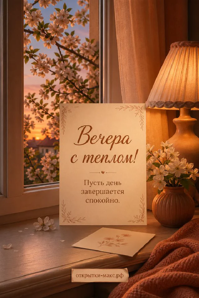 Свеча в стеклянном подсвечнике, ваза с белыми цветами и гирлянда на деревянном столе у окна с видом на закатный город — вариант 6
