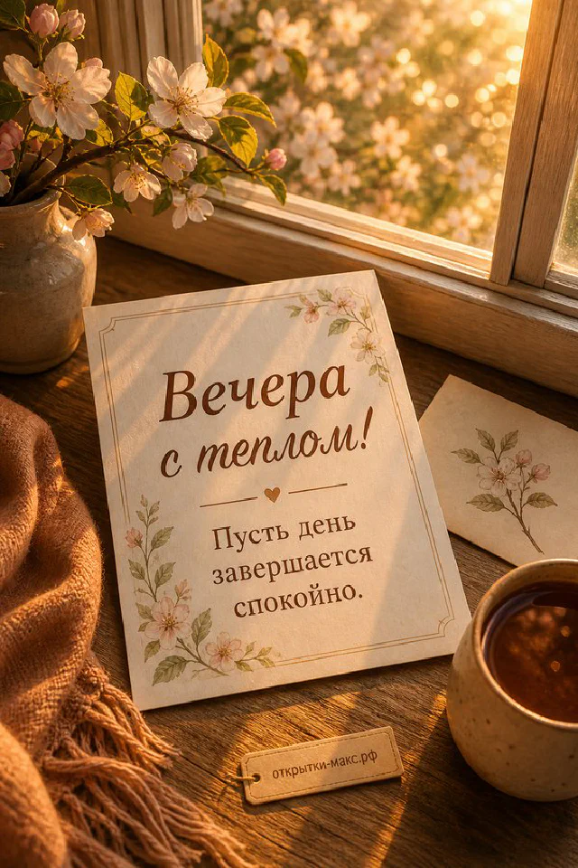 Свеча в стеклянном подсвечнике, ваза с белыми цветами и гирлянда на деревянном столе у окна с видом на закатный город — вариант 8
