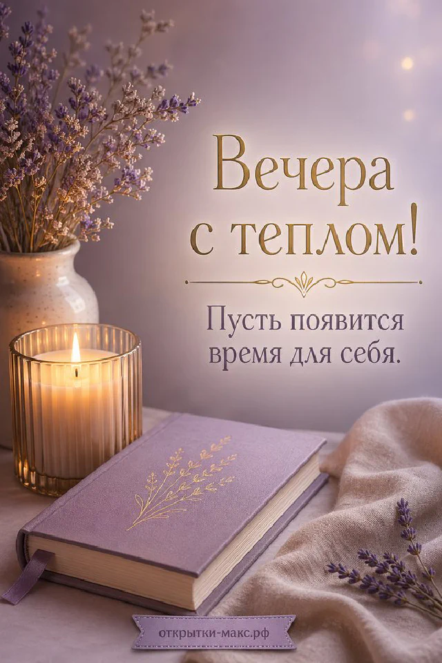 Большая кремовая свеча с лавандовым орнаментом на книге рядом с сухими веточками лаванды и мягкой тканью на фиолетовом фоне — вариант 2