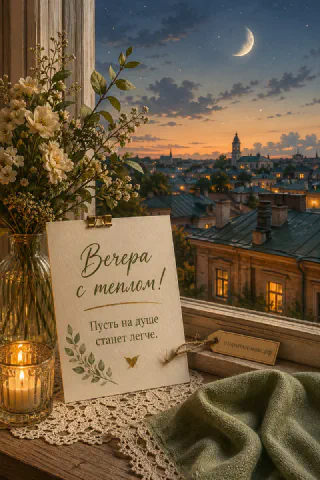 Ваза с белыми цветами и горящая свеча на фоне ночного города с молодым месяцем и звёздным небом через открытое окно
