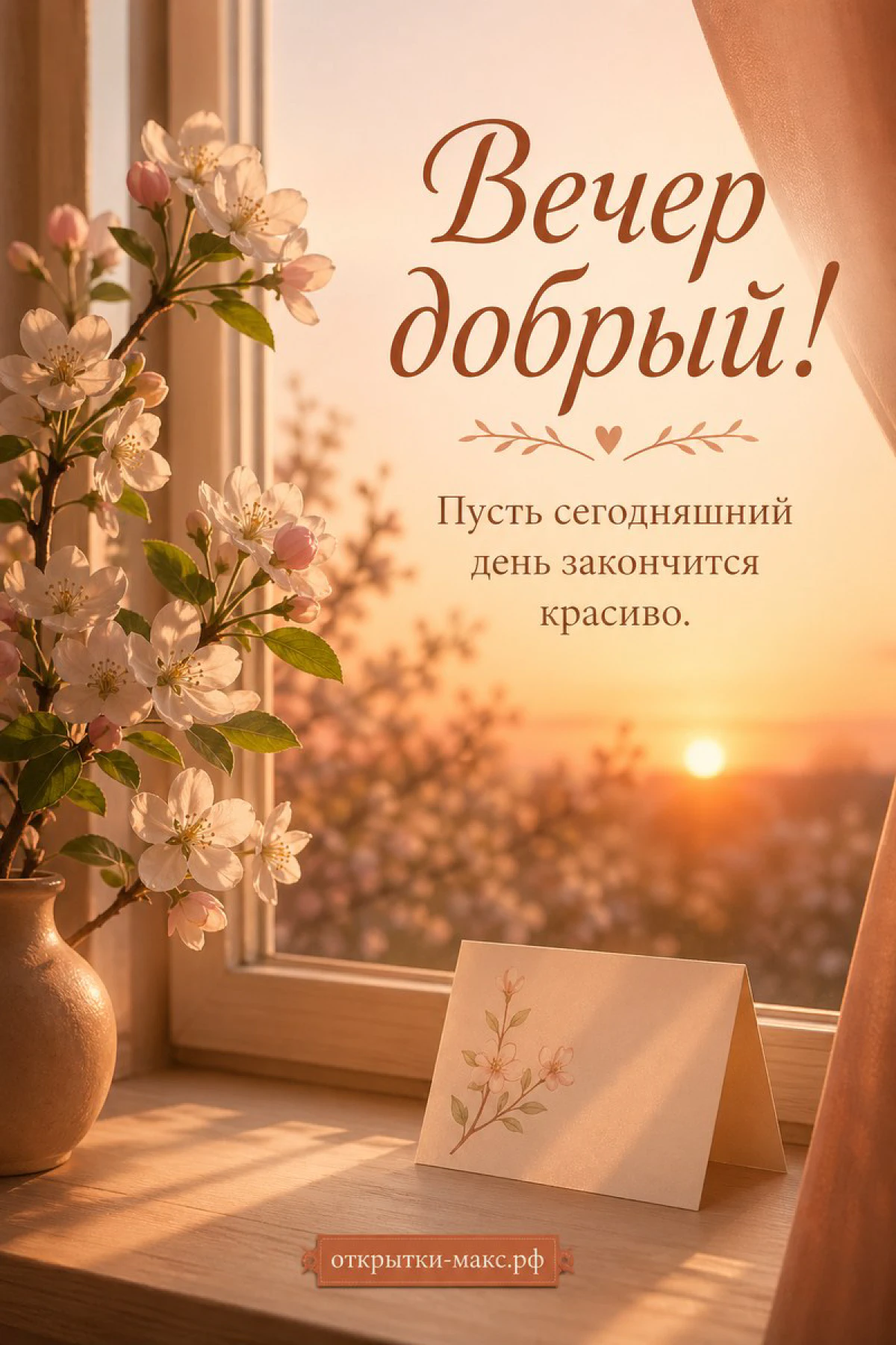 Ваза с цветущей яблоневой веткой на подоконнике с видом на закат и надписью Вечер добрый