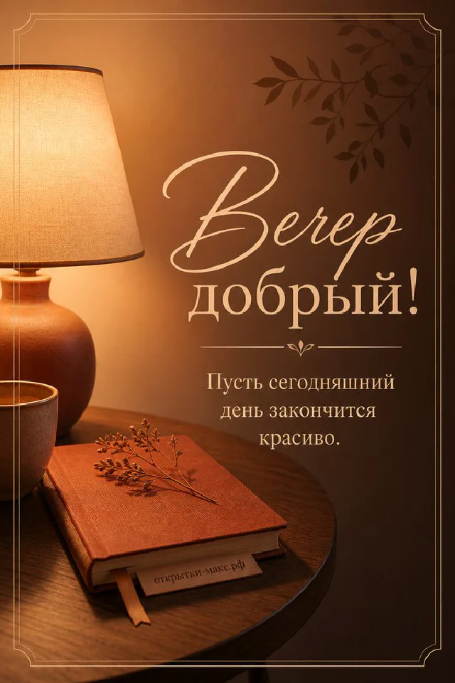 Ваза с цветущей яблоневой веткой на подоконнике с видом на закат и надписью Вечер добрый — вариант 3
