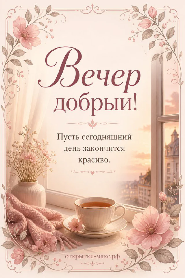 Ваза с цветущей яблоневой веткой на подоконнике с видом на закат и надписью Вечер добрый — вариант 4