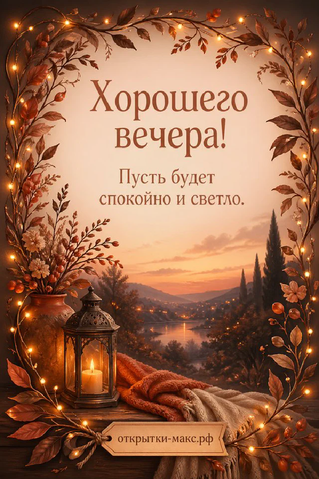 Балкон с фонарём, кружкой и осенними листьями на фоне золотого заката в городе — вариант 4