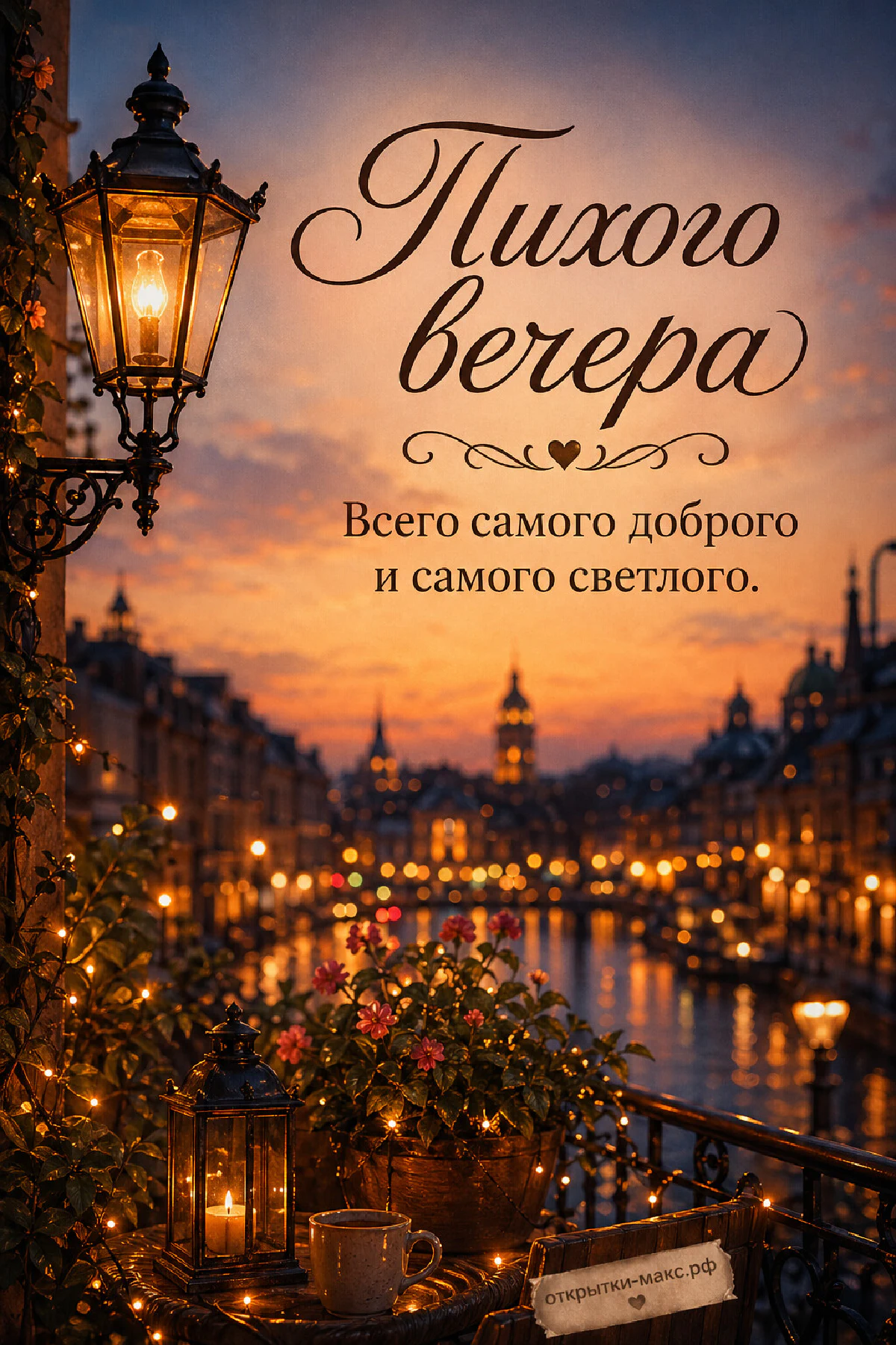 Чугунный уличный фонарь и маленький фонарик со свечой, цветочный горшок на балконе с перилами на фоне ночного города