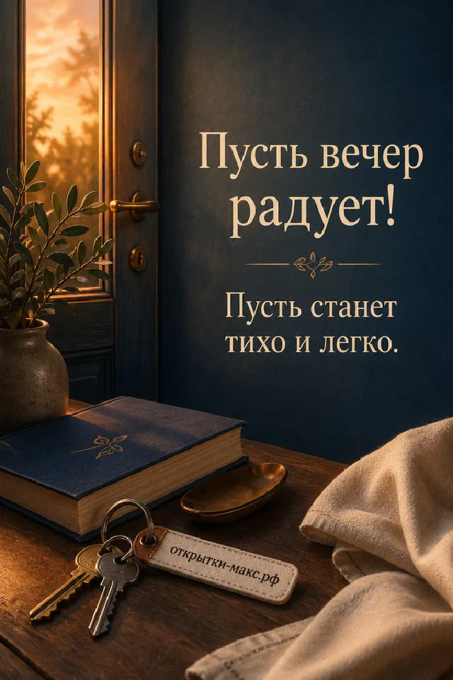 Кожаная книга с ключами на подставке рядом с фонарём, закат за балконной дверью и плед — вариант 4