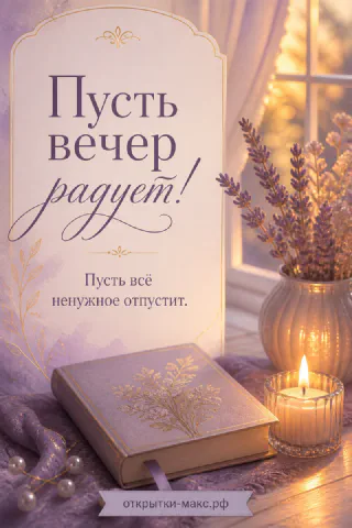 Книга и горящая свеча рядом с вазой лаванды на фоне окна, открытка «Пусть вечер радует»