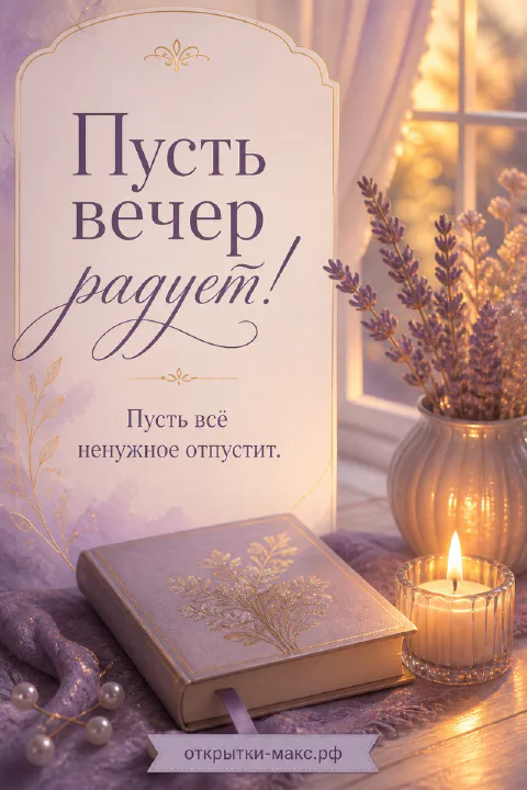 Книга и горящая свеча рядом с вазой лаванды на фоне окна, открытка «Пусть вечер радует»