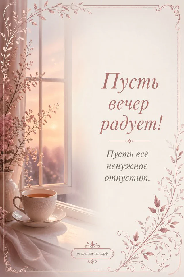 Книга и горящая свеча рядом с вазой лаванды на фоне окна, открытка «Пусть вечер радует» — вариант 2