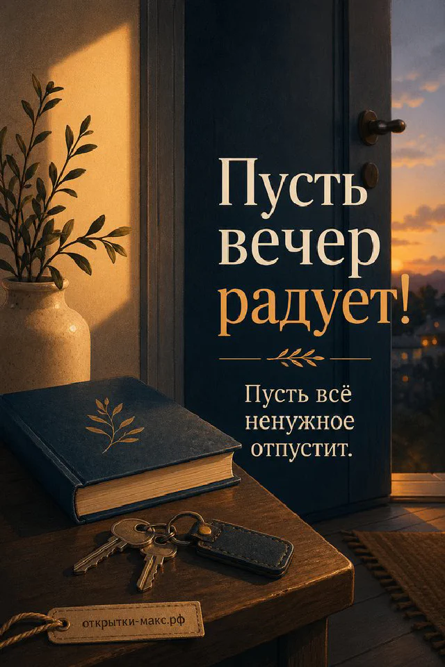 Книга и горящая свеча рядом с вазой лаванды на фоне окна, открытка «Пусть вечер радует» — вариант 3
