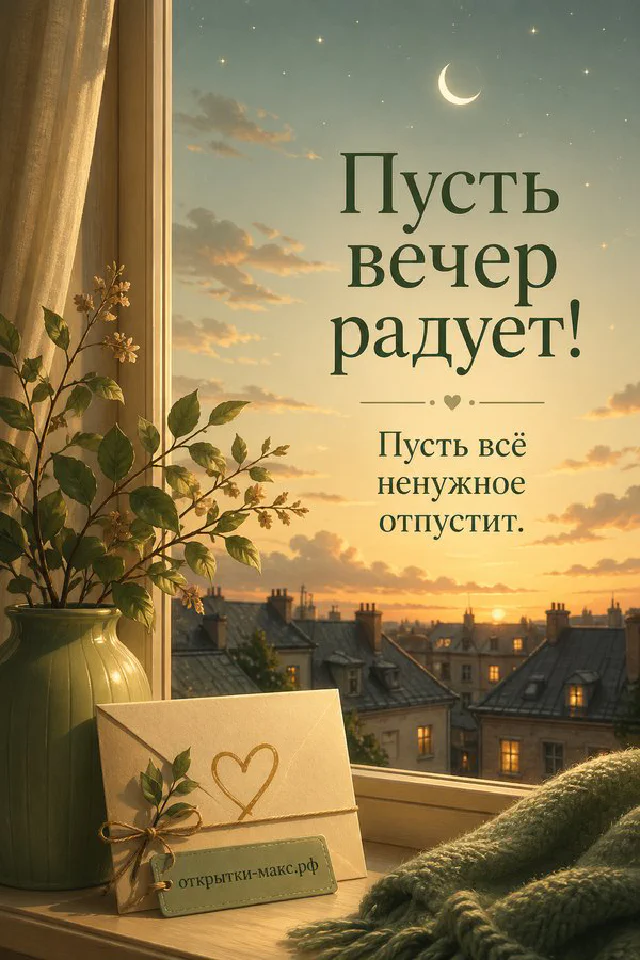 Книга и горящая свеча рядом с вазой лаванды на фоне окна, открытка «Пусть вечер радует» — вариант 4