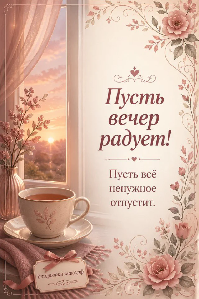 Книга и горящая свеча рядом с вазой лаванды на фоне окна, открытка «Пусть вечер радует» — вариант 5