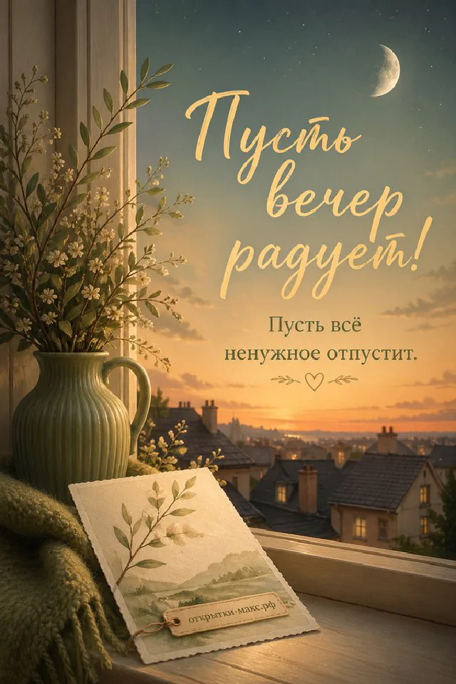 Книга и горящая свеча рядом с вазой лаванды на фоне окна, открытка «Пусть вечер радует» — вариант 6