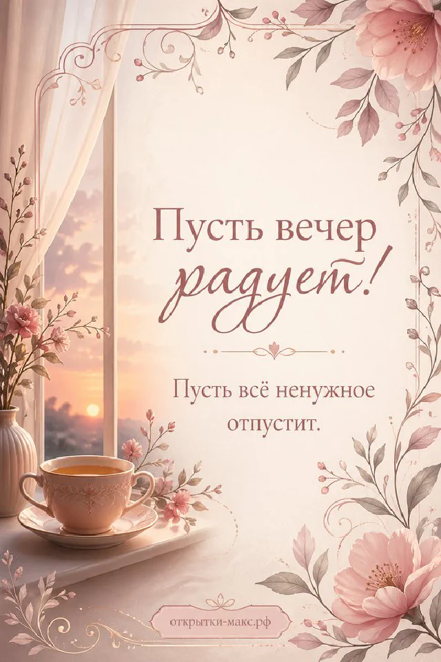 Книга и горящая свеча рядом с вазой лаванды на фоне окна, открытка «Пусть вечер радует» — вариант 7