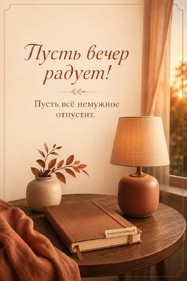 Книга и горящая свеча рядом с вазой лаванды на фоне окна, открытка «Пусть вечер радует» — вариант 8