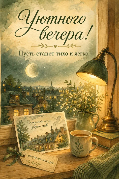 Кружка кофе на подоконнике с видом на ночной город и луну, вазочка с цветами и лампа