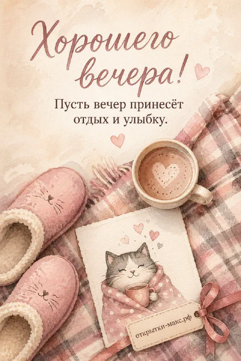 Чашка капучино с сердечком, розовые тапочки с кошачьими ушками и карточка с котиком на клетчатом пледе