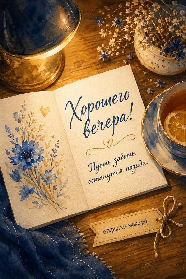 Акварельный кот в розовом кресле с кружкой под клетчатым пледом, рядом фонарь и лаванда — вариант 4