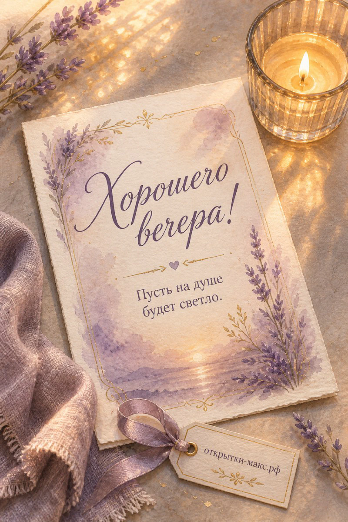 Акварельная открытка с ветками лаванды и горящей свечой в стакане на нейтральном фоне