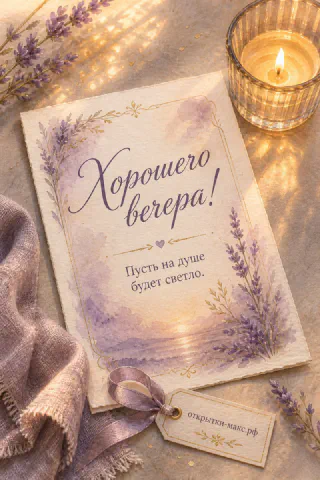 Акварельная открытка с ветками лаванды и горящей свечой в стакане на нейтральном фоне