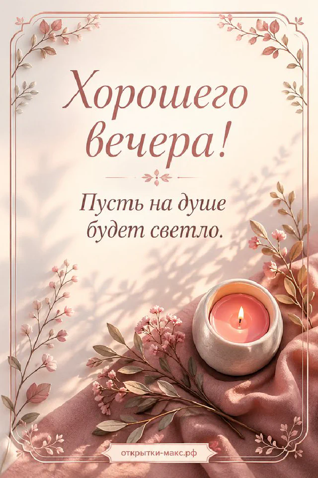 Акварельная открытка с ветками лаванды и горящей свечой в стакане на нейтральном фоне — вариант 2