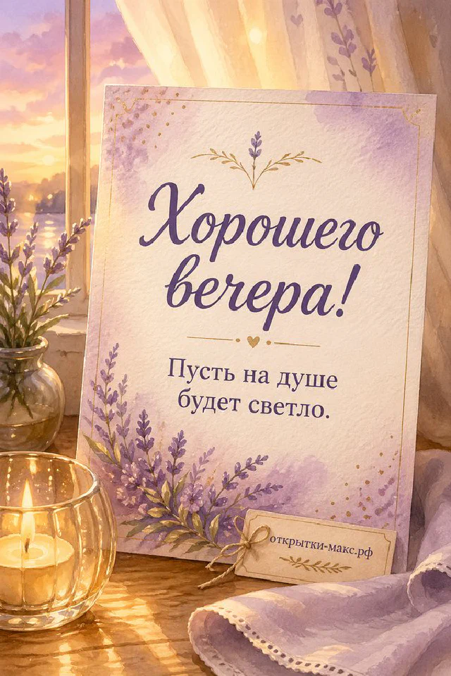 Акварельная открытка с ветками лаванды и горящей свечой в стакане на нейтральном фоне — вариант 3
