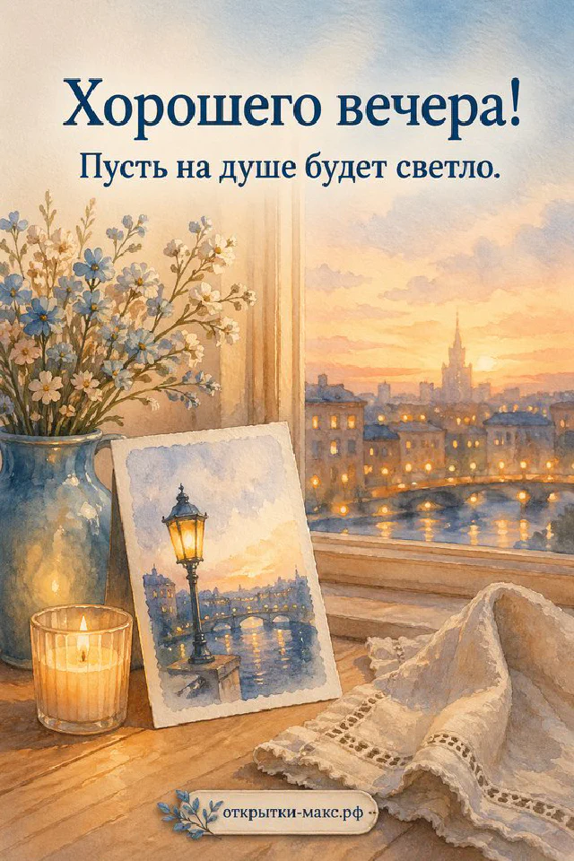 Акварельная открытка с ветками лаванды и горящей свечой в стакане на нейтральном фоне — вариант 6