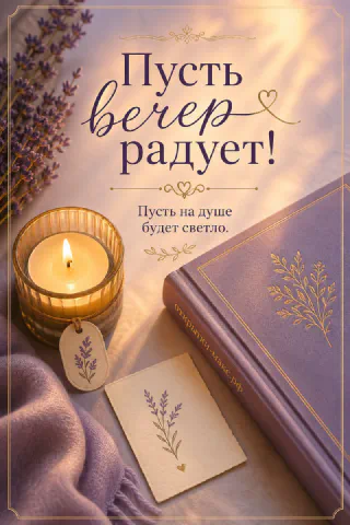 Свеча в стакане рядом с книгой и лавандовыми ветками на фиолетовом фоне, открытка добрый вечер