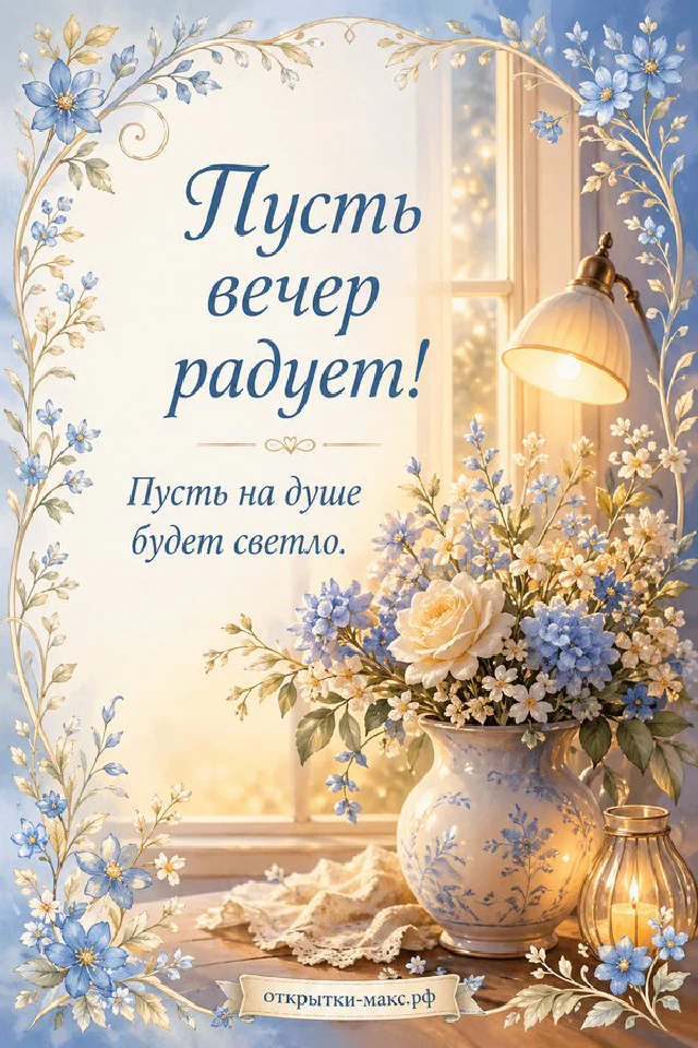 Свеча в стакане рядом с книгой и лавандовыми ветками на фиолетовом фоне, открытка добрый вечер — вариант 3