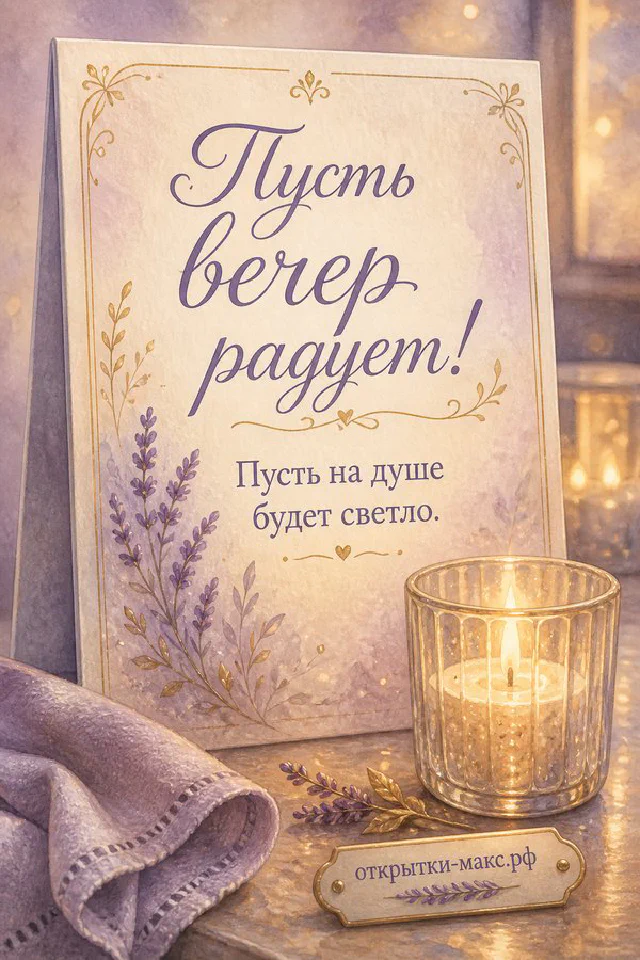 Свеча в стакане рядом с книгой и лавандовыми ветками на фиолетовом фоне, открытка добрый вечер — вариант 4