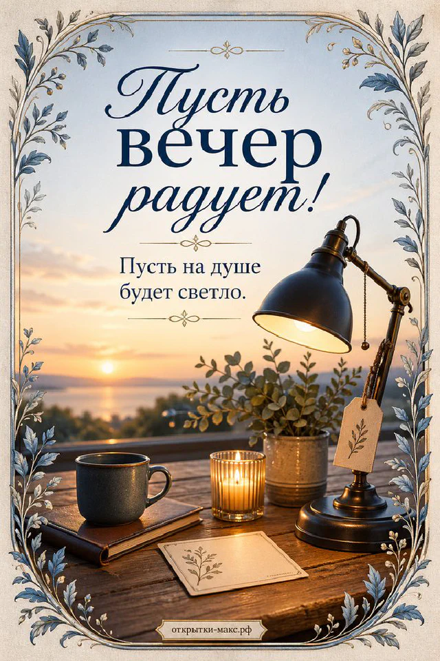 Свеча в стакане рядом с книгой и лавандовыми ветками на фиолетовом фоне, открытка добрый вечер — вариант 5