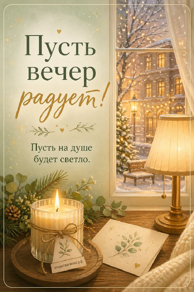 Свеча в стакане рядом с книгой и лавандовыми ветками на фиолетовом фоне, открытка добрый вечер — вариант 6