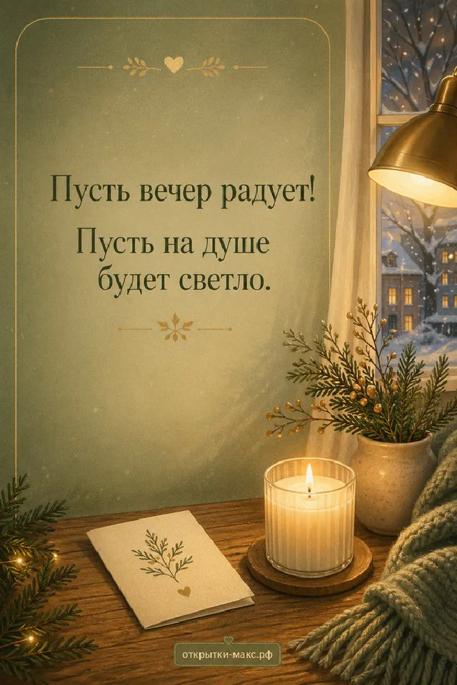 Свеча в стакане рядом с книгой и лавандовыми ветками на фиолетовом фоне, открытка добрый вечер — вариант 7