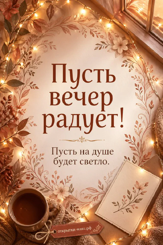 Свеча в стакане рядом с книгой и лавандовыми ветками на фиолетовом фоне, открытка добрый вечер — вариант 8