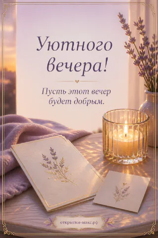 Горящая свеча в стакане, книга с лавандой и плед в лиловых тонах, надпись «Уютного вечера»