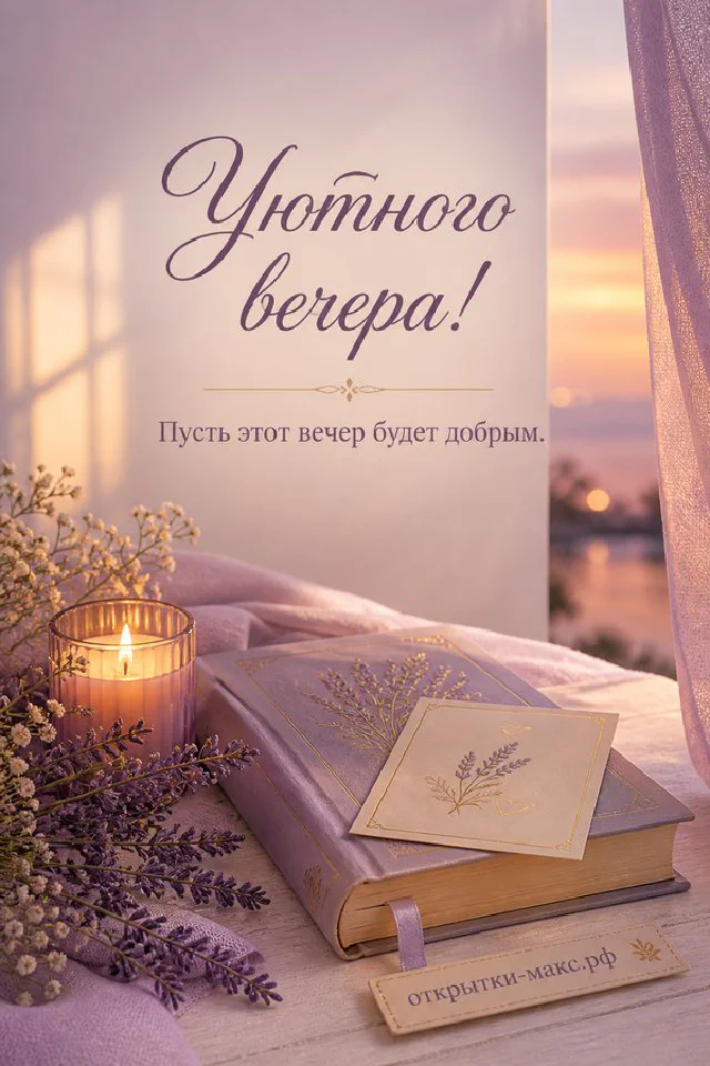 Горящая свеча в стакане, книга с лавандой и плед в лиловых тонах, надпись «Уютного вечера» — вариант 2
