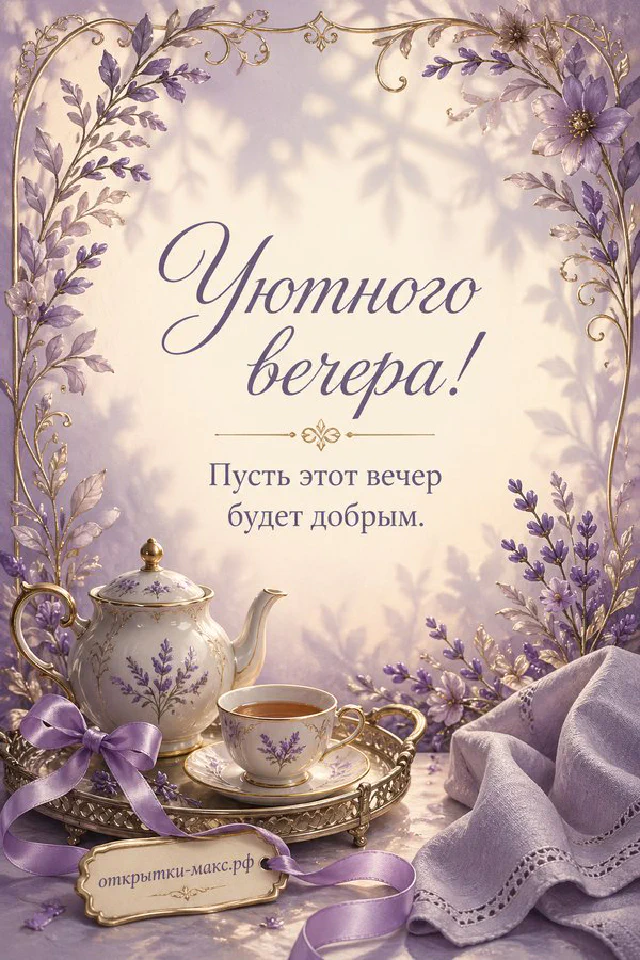 Горящая свеча в стакане, книга с лавандой и плед в лиловых тонах, надпись «Уютного вечера» — вариант 3