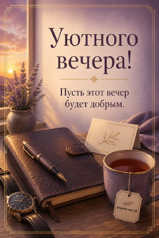Горящая свеча в стакане, книга с лавандой и плед в лиловых тонах, надпись «Уютного вечера» — вариант 4