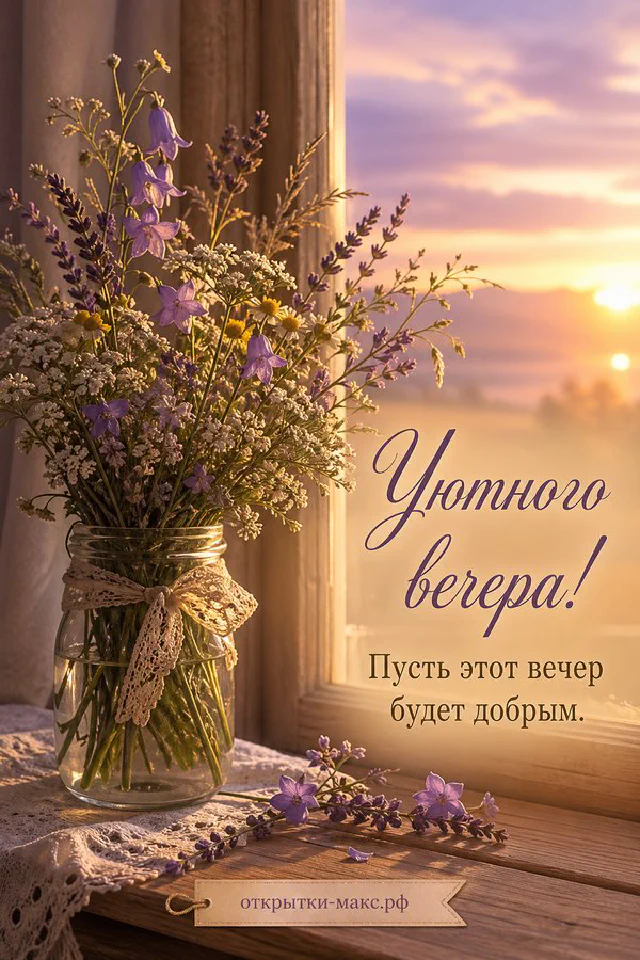 Горящая свеча в стакане, книга с лавандой и плед в лиловых тонах, надпись «Уютного вечера» — вариант 5