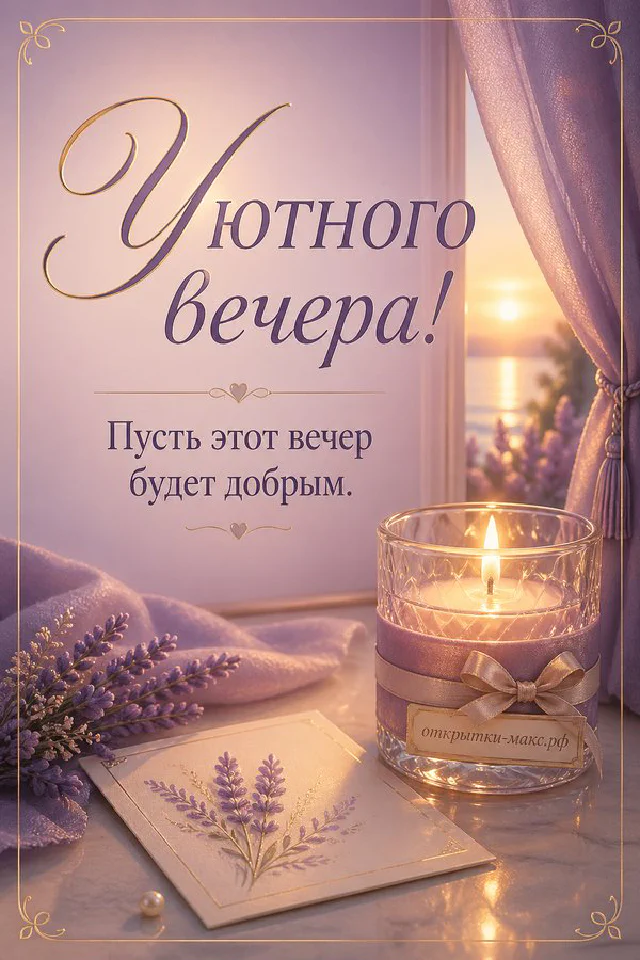 Горящая свеча в стакане, книга с лавандой и плед в лиловых тонах, надпись «Уютного вечера» — вариант 6