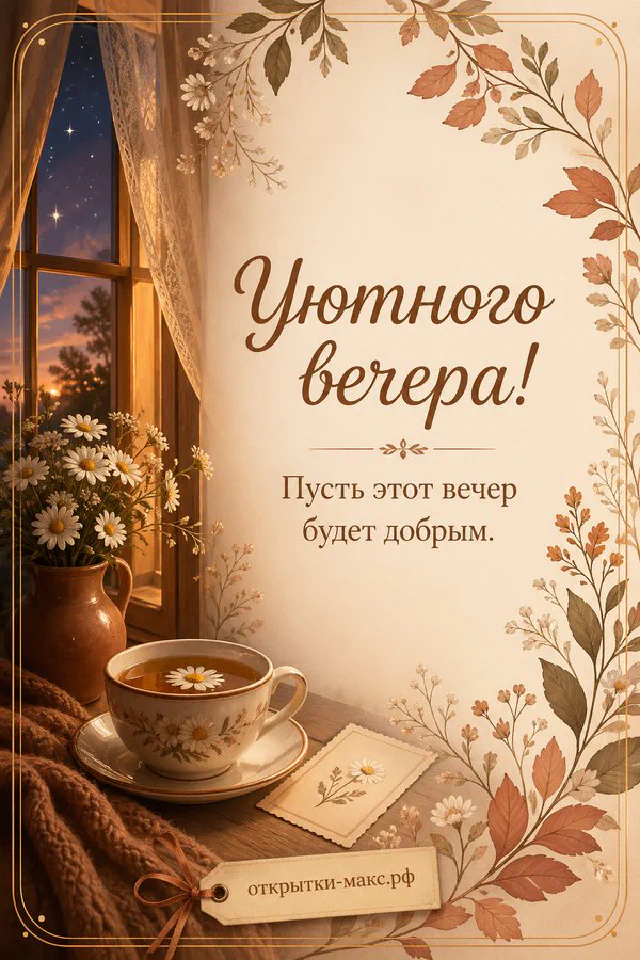 Горящая свеча в стакане, книга с лавандой и плед в лиловых тонах, надпись «Уютного вечера» — вариант 7