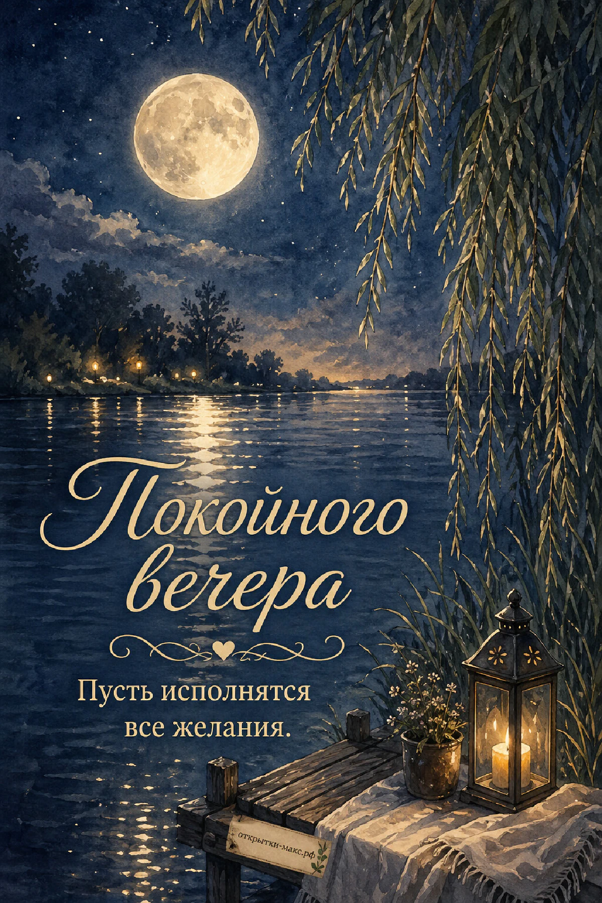 Акварельная полная луна над тёмной ночной рекой, плакучая ива, деревянный причал с фонарём, горшком цветов и пледом