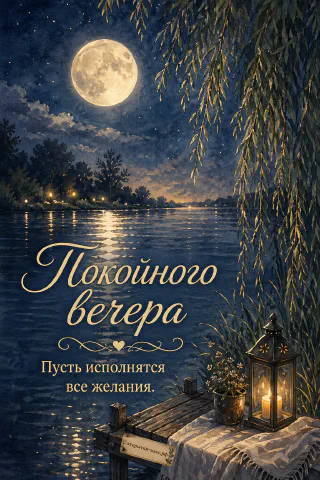 Акварельная полная луна над тёмной ночной рекой, плакучая ива, деревянный причал с фонарём, горшком цветов и пледом