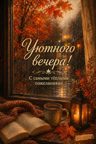 Раскрытая книга с кружкой горячего напитка и декоративным фонарём на вязаном пледе у окна с мокрыми осенними листьями