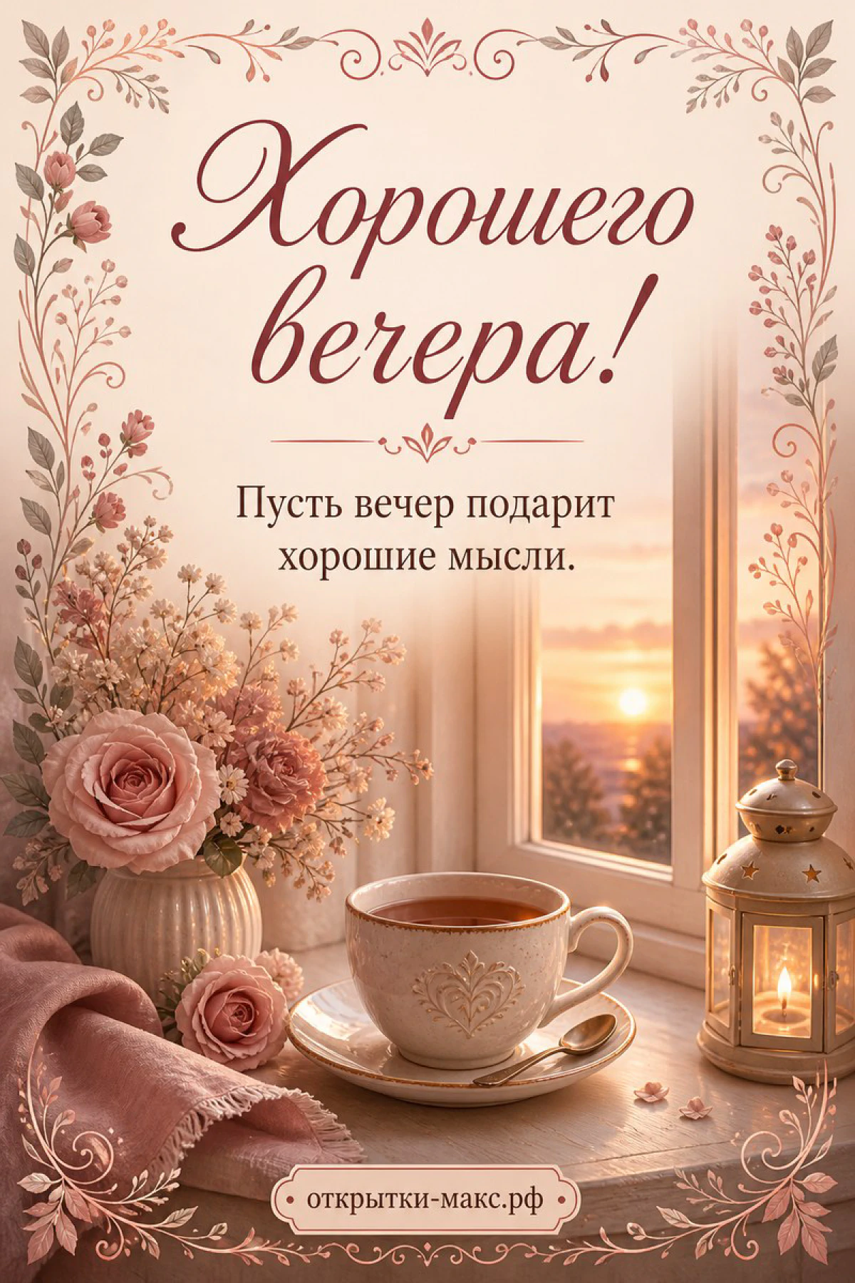 Чашка чая с ложкой, вазон с розовыми розами и фонарь у окна с закатом в розовой гамме