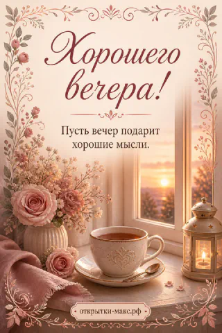 Чашка чая с ложкой, вазон с розовыми розами и фонарь у окна с закатом в розовой гамме