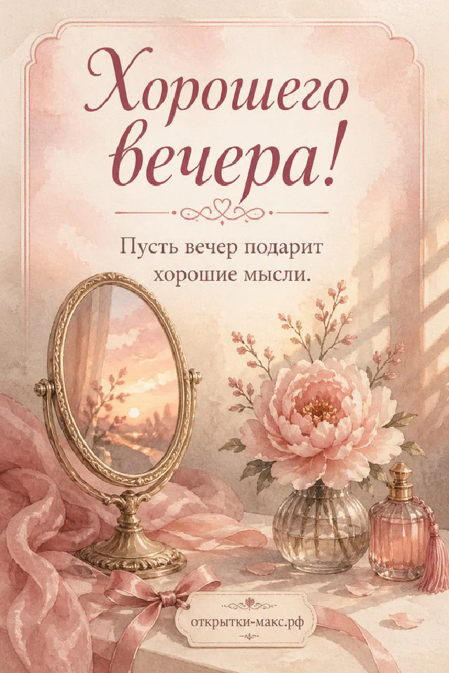 Чашка чая с ложкой, вазон с розовыми розами и фонарь у окна с закатом в розовой гамме — вариант 5