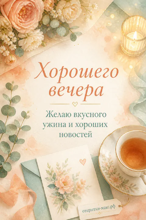 Акварельная открытка с розами, чашкой чая, свечой и эвкалиптом на пастельном фоне