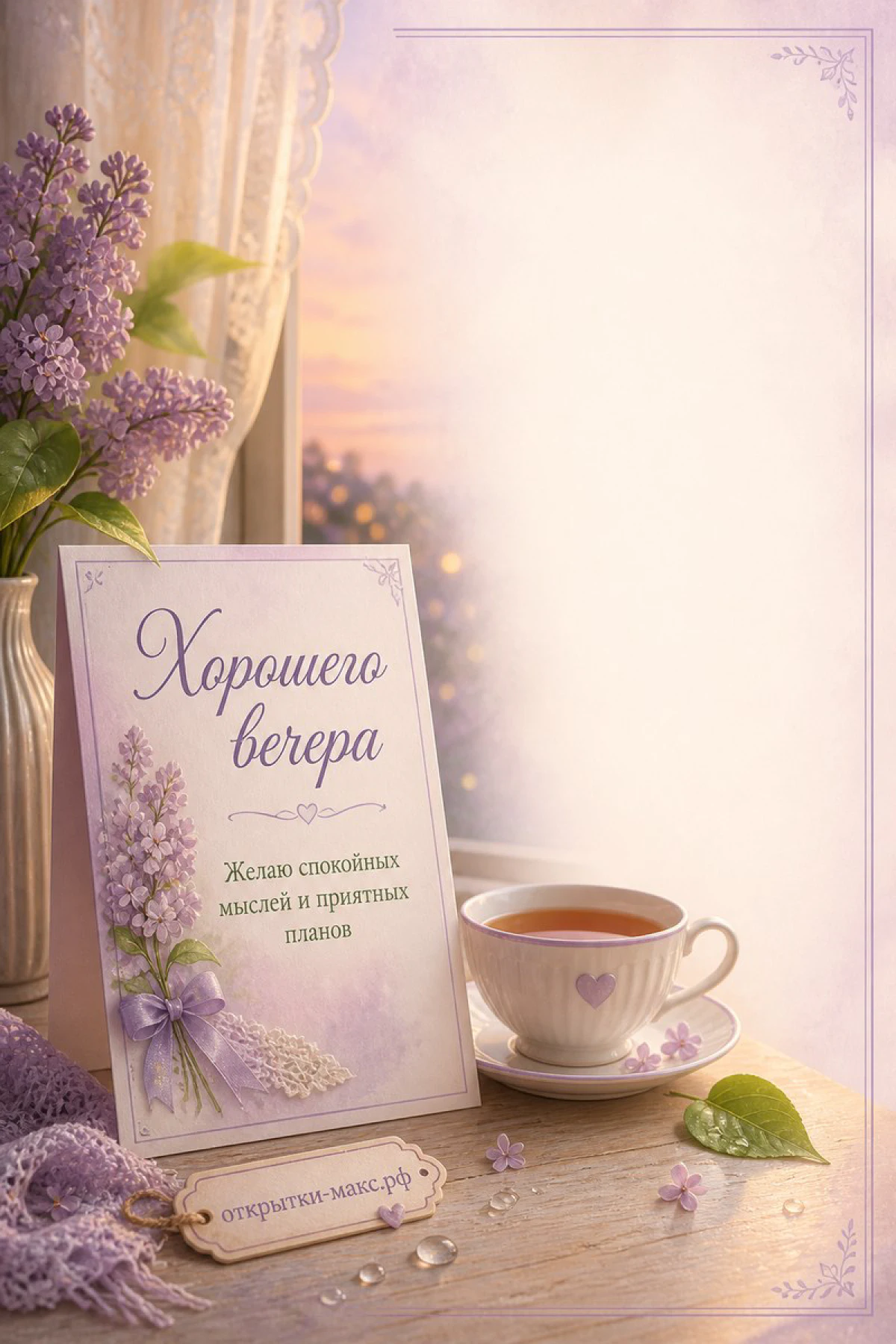Открытка с сиренью на подставке, чашкой чая и лиловым фоном, пожелание хорошего вечера
