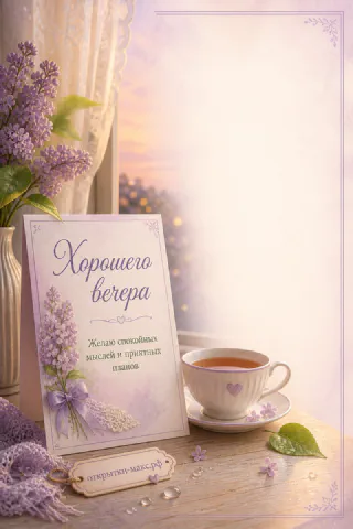 Открытка с сиренью на подставке, чашкой чая и лиловым фоном, пожелание хорошего вечера